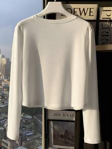 Early Autumn Spicy Girl Style Leopard Print Large Letter Short Long Sleeve Top, Round Neck Slim Fit Cropped T-Shirt, Flattering For Petite - White - View 2