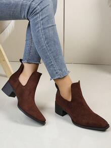 WTKMRSSTEP Minimalist V-Neck Chelsea Boots Women Pointed Toe Chunky Heel Vintage Style Versatile Ankle Boots - Brown - View 2