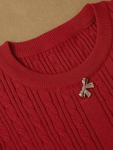 HOMEYEE Women's Bright Red Round Neck Cable Knit Sweater With Metal Bow Button Front, Cinched Waist, Ruffle Hem, Slim Fit Long Sleeve Pullover Top - Red - View 6