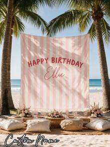 1pc-Personalized Birthday Banners, Custom Birthday Tapestries, Birthday Background Walls, Personalized Banners, Pink-Striped Birthday Banners, Fabric Birthday Signs, Bohemian-Style Birthday Decoration , Outdoor Wall Art Backgrounds, Birthday Gifts - Multicolor - View 1
