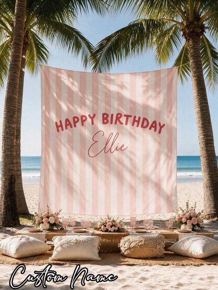 1pc-Personalized Birthday Banners, Custom Birthday Tapestries, Birthday Background Walls, Personalized Banners, Pink-Striped Birthday Banners, Fabric Birthday Signs, Bohemian-Style Birthday Decoration , Outdoor Wall Art Backgrounds, Birthday Gifts - Multicolor - View 1