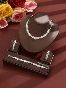 Luxury High-End Multi-Layer Full Rhinestone Necklace 3 Pieces Set, Bridal Wedding Banquet Party Dress Full Accessory Set - 499801 Silver-hB - View 3