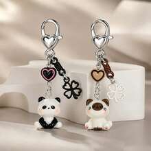 1pc/2pcs Unisex Cartoon Kitten & Panda Sitting Pendant With Heart Beads & Four-Leaf Clover Accessory Keychain Cute Bag Charm - Multicolor - View 1