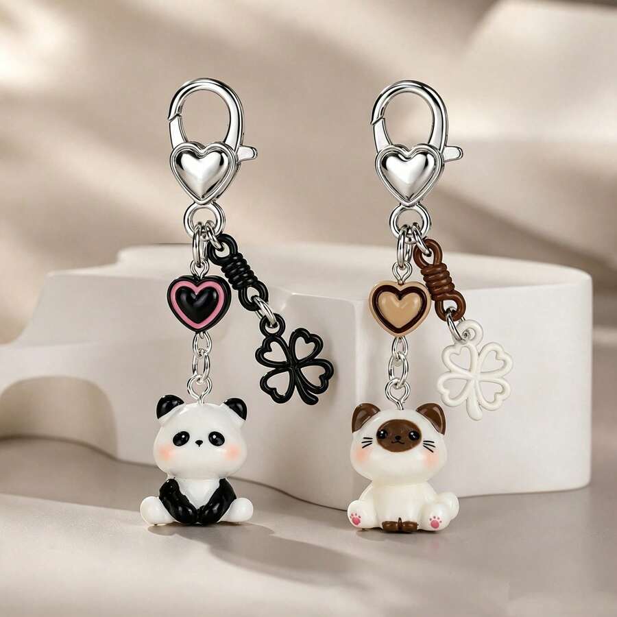 1pc/2pcs Unisex Cartoon Kitten & Panda Sitting Pendant With Heart Beads & Four-Leaf Clover Accessory Keychain Cute Bag Charm - Multicolor - View 1