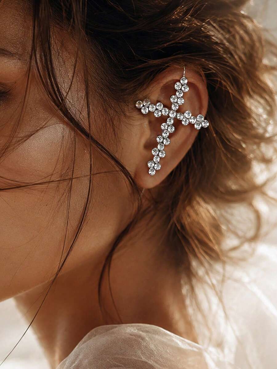 FAAABULS 1 Pair Women's Silver Rhinestone Cross Ear Cuffs, Sparkling Crystal Cross Ear Clips, Elegant Personalized Earrings, Suitable For Party, Wedding And Daily Wear - Silver - View 1