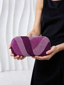 Women's Evening Clutch, Oval Hard Shell Clutch, Rhinestone Ball Clasp, Fashionable Portable Hard Shell Women's Handbag, Suitable For Balls, Weddings, Cocktail Parties - Purple - View 3