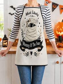 1pc Halloween Themed Apron, Vintage American Halloween Slogan Print, Polyester, 55*68cm, Home Cooking Baking Anti-Stain Apron, Halloween Party Kitchen Gift Workwear - Multicolor - View 8