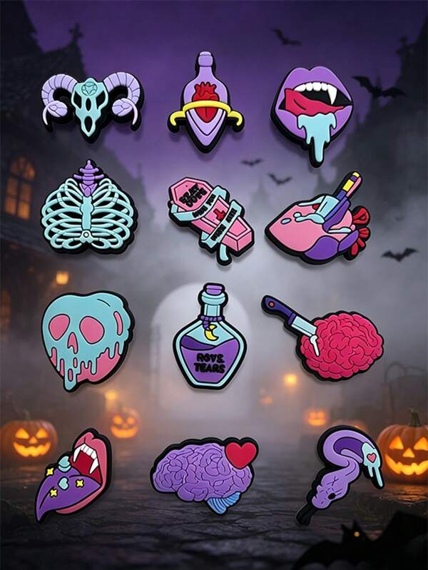 12 piezas de adornos para zapatos de la serie de Halloween en color púrpura, accesorios de decoración de festival misterioso, se ajustan a varios zapatos, regalo ideal para amigos y compañeros de clase