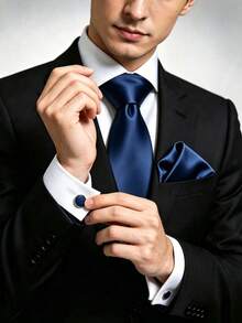 1件裝 Barry Wang 男士真絲領帶套組，金色與深綠色純色領帶、口袋巾、袖扣，適用婚禮、商務、宴會 - 藏蓝色 - 查看 1