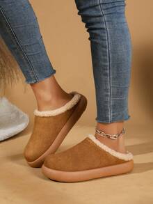 PWIIMG Women's Thick Sole Closed Toe Plush Slippers, Plush Lining Backless Slippers, Autumn Home Fuzzy Slippers Beach Plush Lining Fine Fur Home - Brown - View 3