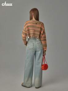 CHUU Colorful Striped Knit Sweater Women Autumn Sweet Cool Distressed Hollow Out Short Loose Top - Orange - View 5