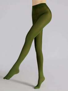 1pc White And Dark Green Leggings - Daily Shaping Tights, Versatile & Soft, Suitable For Pairing With Light-Colored Outfits - Dark Green - View 4