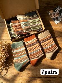 7 Pairs Vintage Patterned Men's Mid-Calf Socks, Suitable For Basic Autumn Outfits, Gift Idea - Multicolor - View 3