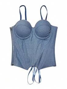 Minimalist Denim Waist-Cinching Zipper Backless Lace-Up Cropped Top - Blue - View 2