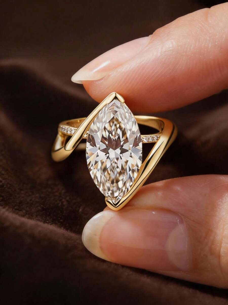 1件裝奢華訂婚/婚禮永恆戒指,18K鍍金橢圓大鑽戒,適合女士的精緻禮物,適用節慶與日常 - 金黃色 - 查看 1