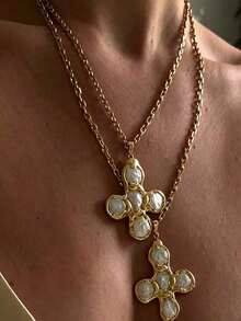 1pc Fashion Cross Pendant Necklace, Personalized Vintage Women's Accessory, Suitable For Daily Wear, Vacation, Party And Music Festival Occasions. - Gold - View 1