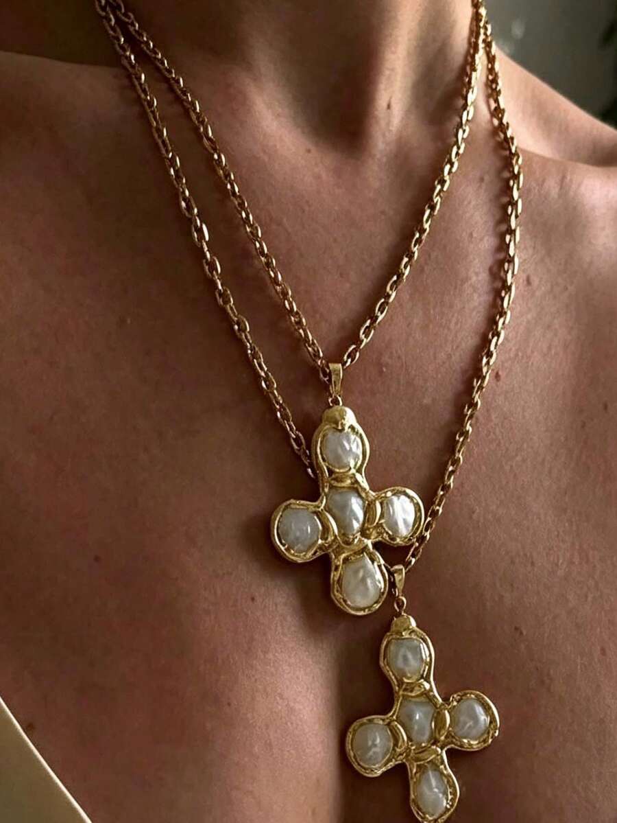 1pc Fashion Cross Pendant Necklace, Personalized Vintage Women's Accessory, Suitable For Daily Wear, Vacation, Party And Music Festival Occasions. - Gold - View 1