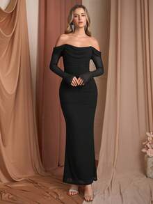PARTHEA Elegant Women's Black Off-The-Shoulder Long Sleeve Mesh Maxi Dress, Draped Design, Mermaid Hem - Black - View 7