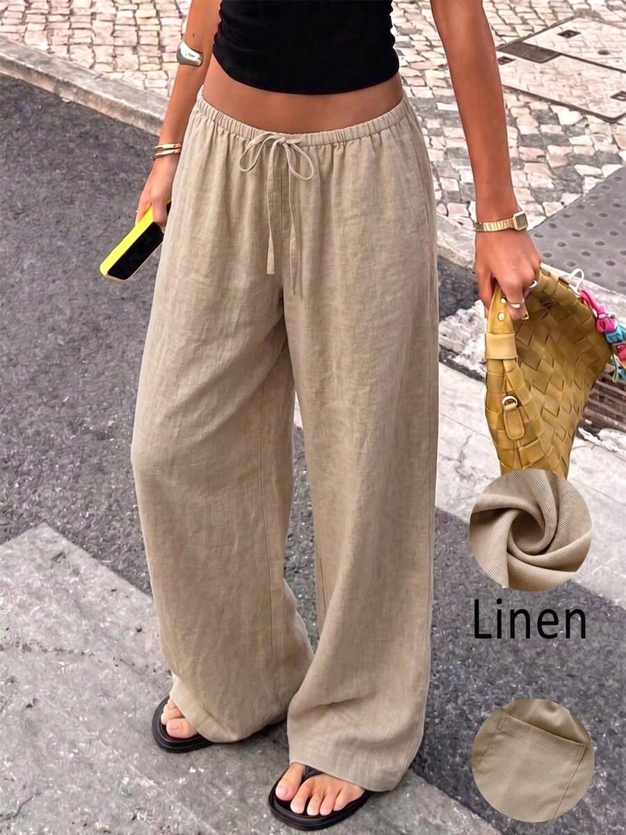 Women's Relaxed Linen Wide Leg Pants With Drawstring Waist, Side Pockets, Loose Drape Casual Long Pants - Apricot - View 1