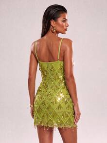 UNITHORSE [Potongan Acak] Gaun Pendek Wanita Tanpa Lengan Tanpa Punggung dengan Motif Berlian Payet, Gaun Pesta Formal dengan Tali Bahu Tipis - Hijau Lemon - View 2