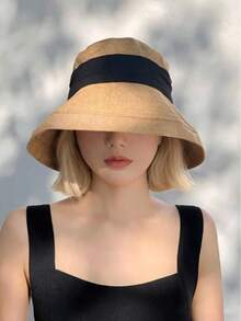 Korean Style Khaki Linen Wide Brim Sun Hat For Women, Soft Floppy Bucket Hat With Black Pleated Ribbon, Foldable UV Protection Vacation Beach Hat - Multicolor - View 3