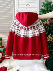 Girls' Preppy Floral Pattern Knit Cardigan With Pockets, Hooded Long Sleeve Sweater, Suitable For Daily School Wear In Spring, Autumn And Winter - Red - View 3