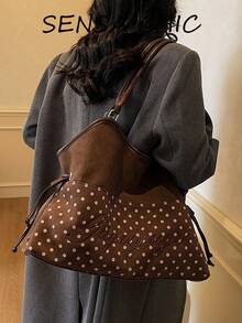 Sweet Polka Dot English Embroidery Patchwork Large Capacity Drawstring Tote Bag, Vintage Korean Slouchy, Shoulder Bag For Girls, Students, Commuting, Shopping, - Coffee - View 6