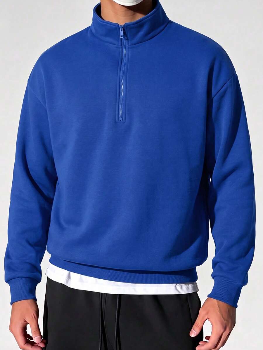 Men's Stand Collar Half-Zip Casual Versatile Commute Autumn/Winter Travel Long Sleeve Sweatshirt - Blue - View 1