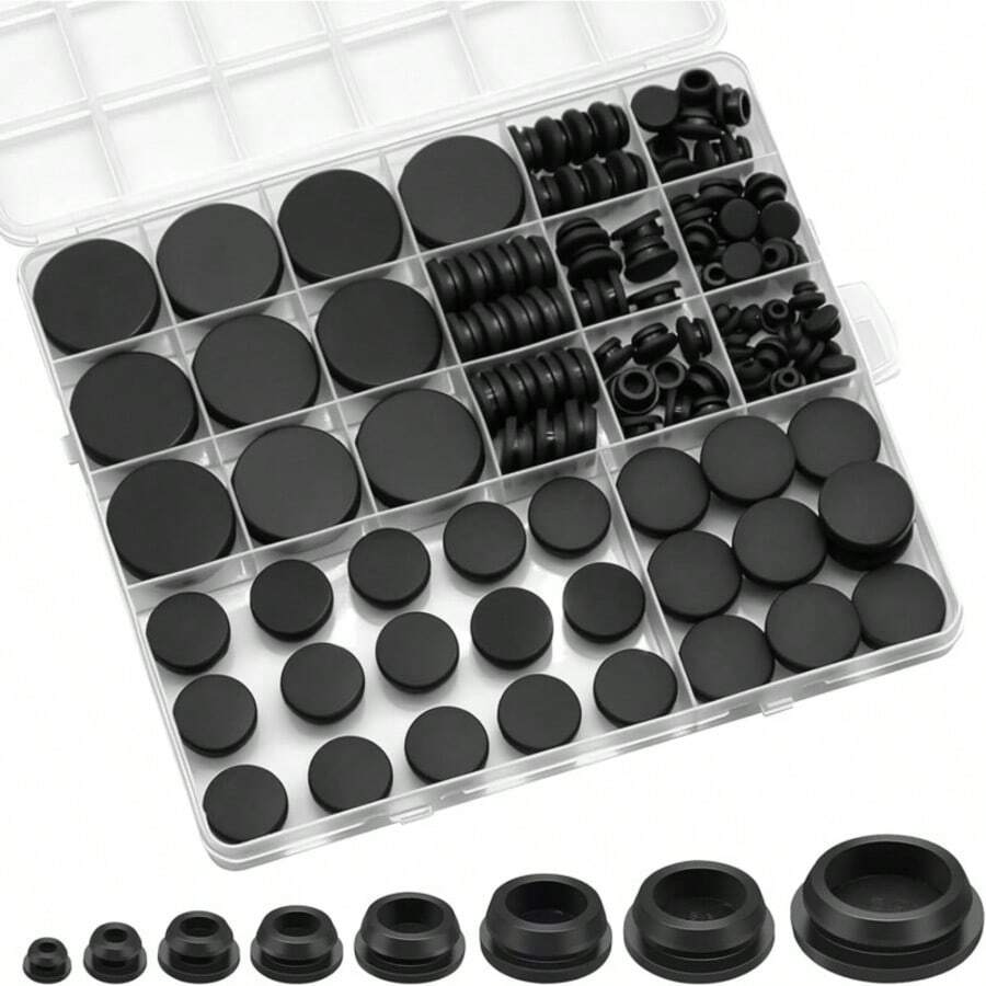 125Pcs Black Rubber Round Hole Plugs, Assorted Sizes Silicone Grommets & Seals, For Automotive, Marine, RV, Furniture & DIY Projects, Dustproof & Vibration Damping - 125 Pcs/set - View 1