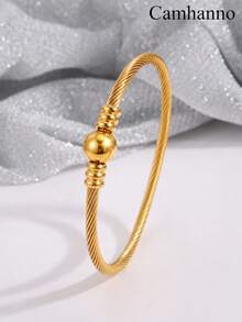1/3Pcs 18K Gold Plated Stainless Steel Bangle Set, Twisted Cable & Bead Stackable Bracelets, Daily Wear Holiday Gift For Women - Gold - View 3