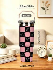 1pc/5pcs 30oz Pink Plaid Halloween Stainless Steel Insulated Tumbler With Handle And Straw, Bat, Pumpkin And Witch Element Print Design, Perfect Birthday And Holiday Gift, Leak-Proof Flip Lid, Suitable For Travel, Work, Fitness And Daily Outdoor Use - Multi-color - Pink and Black Plaid - View 3