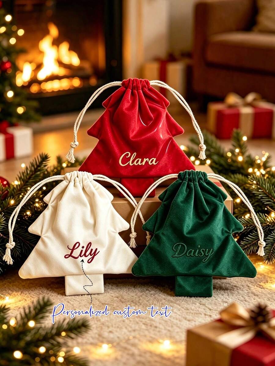 Personalized Custom 2026 New Christmas Atmosphere Decorative Drawstring Bag With Pom Pom Bell Accessories, Christmas Tree Shaped Hanging Ornament Pendant - Multicolor - View 1