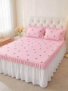 1pc Ruffle Bed Skirt, Cute Pink Bow Print Bedding, Bed Cover, Mattress Protector, Room Decor, Home Textile, Soft Breathable Comfortable Lightweight, Suitable For Twin/Full/Queen/King Size Bed, Dust-Proof Anti-Slip, All Season, Machine Washable - Multicolor - View 5
