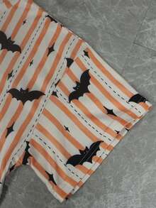 2pcs/Set Minimalist Halloween Pumpkin Ghost Face Print Casual Loose Knit Long Sleeve Top & Side Slit Shorts Loungewear Set, Suitable For Home Use - Apricot - View 7