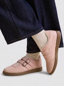 Giày sneaker đế bệt TCVC phối màu khối hai quai, giày Mary Jane tập luyện kiểu Đức retro, giày đi bộ thường ngày nữ - Hồng - Xem 2