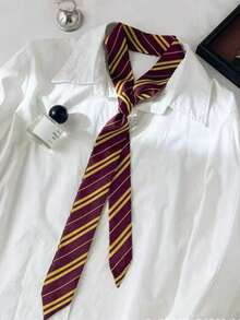 1pc Striped Casual Polyester Dark Green & Burgundy Handmade Tie, Suitable For All Seasons - Multicolor - View 2