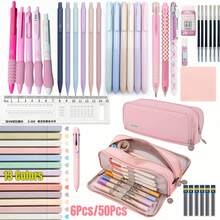 50pcs Morandi Stationery Set, Large Capacity Pencil Case, 6pcs Black Ballpoint Pens, 6pcs Morandi 0.5mm Colored Ballpoint Pens, 13-Color Gradient Highlighters, Sticky Notes, Eraser, Ruler, Cute Office And School Supplies, Neutral Gift, Back To School - Stationery Set - View 1