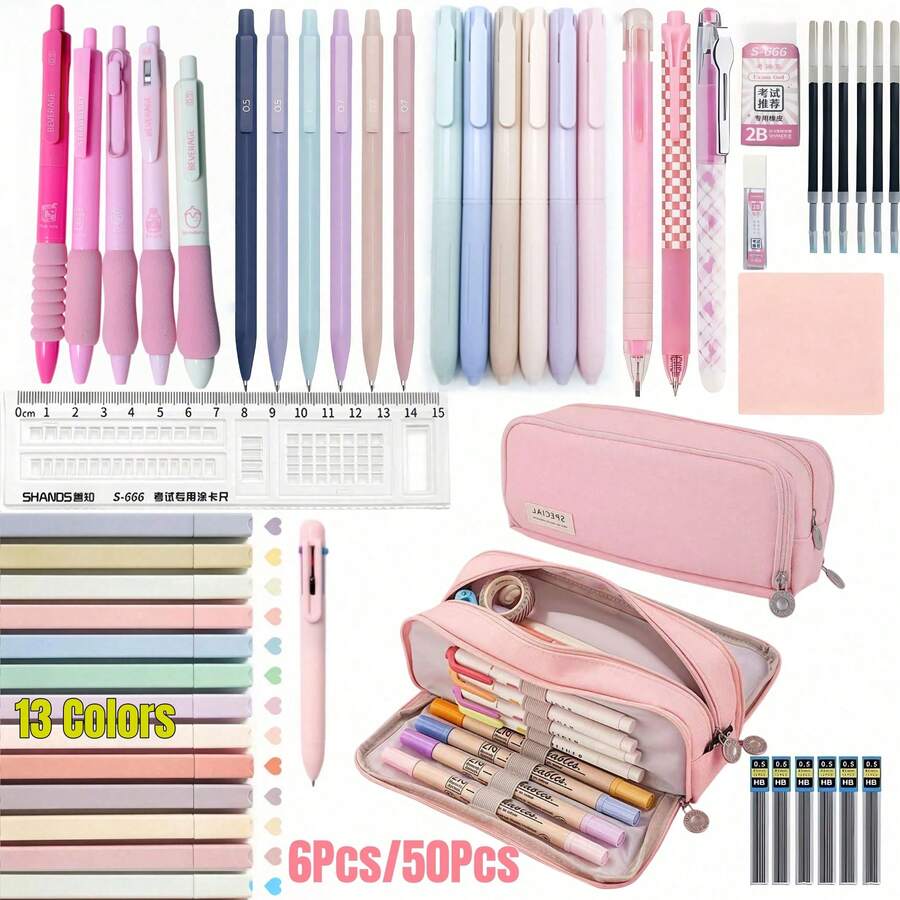 50pcs Morandi Stationery Set, Large Capacity Pencil Case, 6pcs Black Ballpoint Pens, 6pcs Morandi 0.5mm Colored Ballpoint Pens, 13-Color Gradient Highlighters, Sticky Notes, Eraser, Ruler, Cute Office And School Supplies, Neutral Gift, Back To School - Stationery Set - View 1