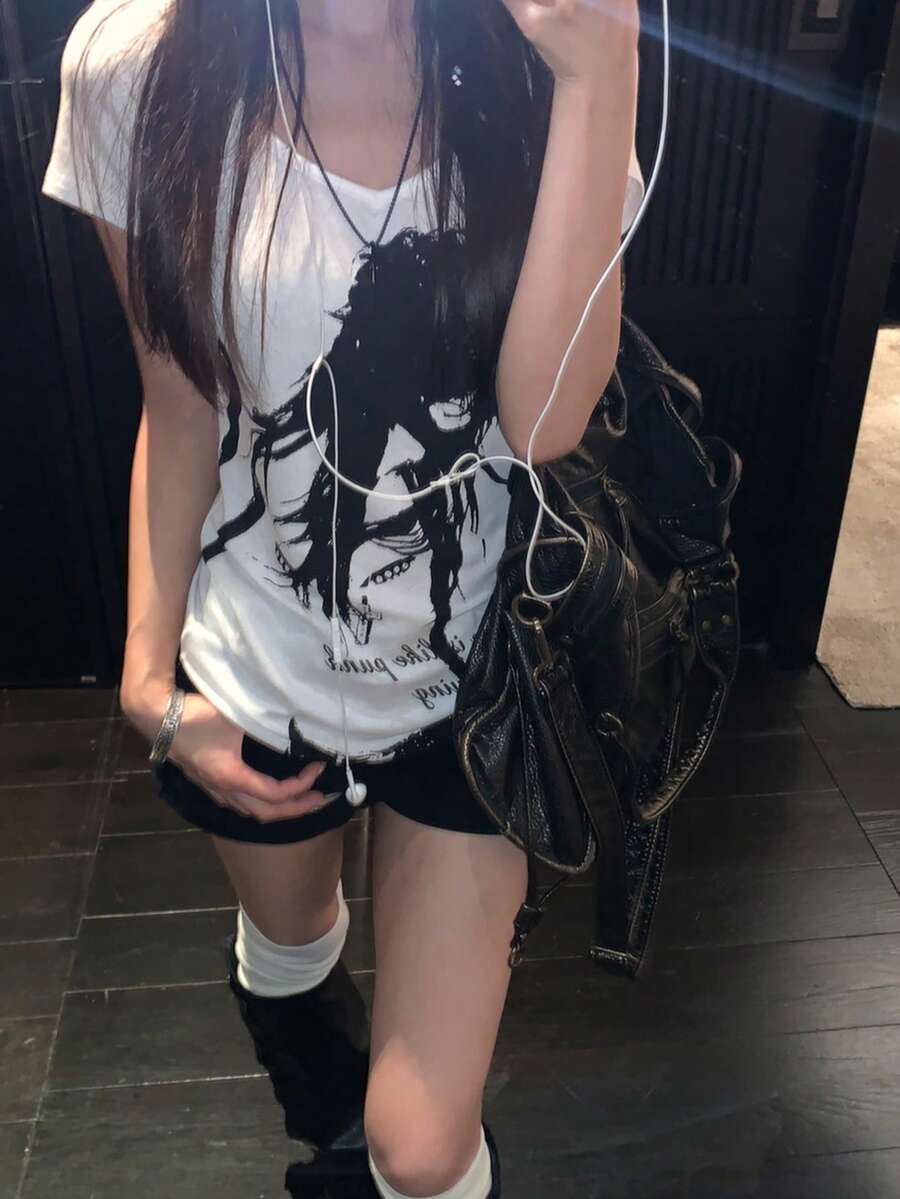 Atasan Wanita Hip Hop Motif Huruf Leher Bulat Lengan Pendek Gaya Streetwear - Putih - View 1