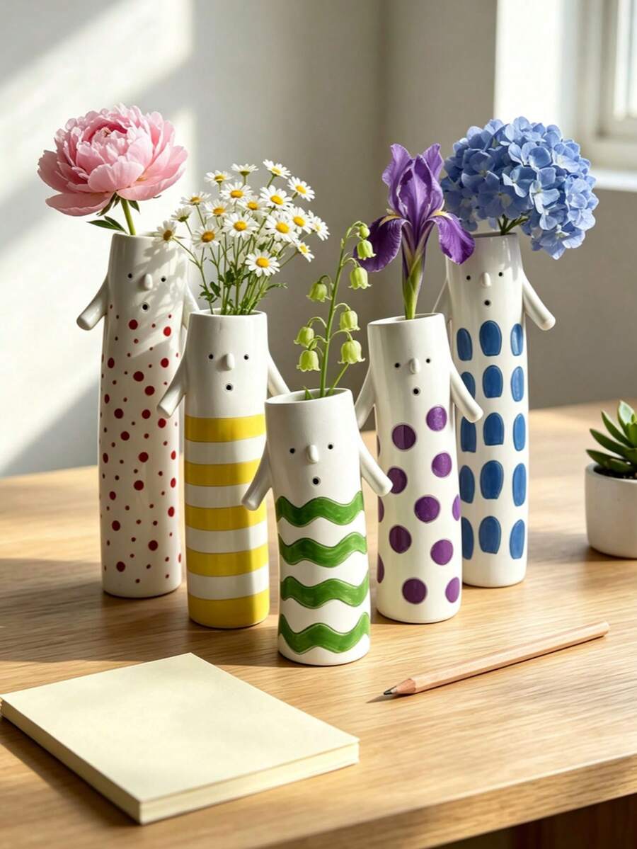 Cute Cartoon Character Resin Flower Vase, Green Wavy Stripes Face Vase With Small Arms, Creative Desktop Ornament, Tabletop Decor For Bedroom Living Room Shelf, Boho Home Decorative Gift - Figurine - View 1