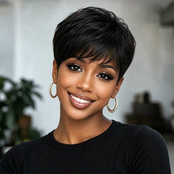 Peluca corta recta estilo pixie con flequillo para mujer, peluca de cabello humano Remy brasileño en capas, base de malla elástica, totalmente tejida a máquina, negro natural, para atuendo de vacaciones, atuendo de fiesta, uso diario