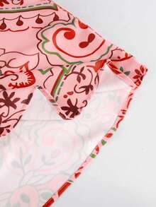 Blusa de mujer talla grande con estampado, mangas con volantes y cuello en V, estampado aleatorio (estampado aleatorio, sin posición fija en el frente y la espalda) - Rosa - Ver 5