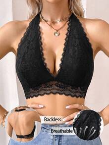 Women Wireless Halter Bra Floral Lace Underwear Adjustable No Padding Backless Bralette Unlined Intimates Casual Comfortable Solid Summer Lingerie - Black - View 2