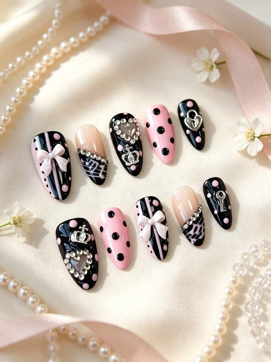 10 Peças Unhas Postiças Formato Amêndoa Médio Preto Nude Rosa Poá 3D Laço Branco Coroa Cadeado Chave Coração Strass Decoração, Estilo Doce Festa Noite das Garotas Unhas Falsas Feitas à Mão, Unhas Pretas, Unhas Nude Rosa, Adesivos de Unhas Y2K, Adesivos de Arte de Unhas Feitos à Mão, Técnicas Simples de Arte de Unhas, Unhas Artificiais, Produzidas em Massa, Unhas Postiças, Unhas Acrílicas Feitas à Mão, Unhas de Volta às Aulas - Multicolorido - Visão 1