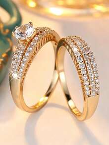 2pcs/Set Fashion Stackable Rings, Minimalist Luxury Cubic Zirconia Couple Rings, Versatile For Engagement, Wedding, Party And Daily Wear - Perfect Birthday, Anniversary Or Jewellery,Accessories - Gold - View 9