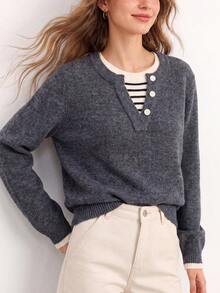 Women's Autumn Minimalist 2 In 1 Design Pullover Knit Sweater - Grey - View 3