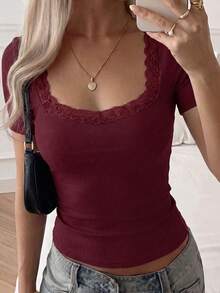 NOIRLYN Women's T-Shirt Summer Y2K Sexy Lace Patchwork Casual Square Neck Short Sleeve Top - Burgundy - View 1