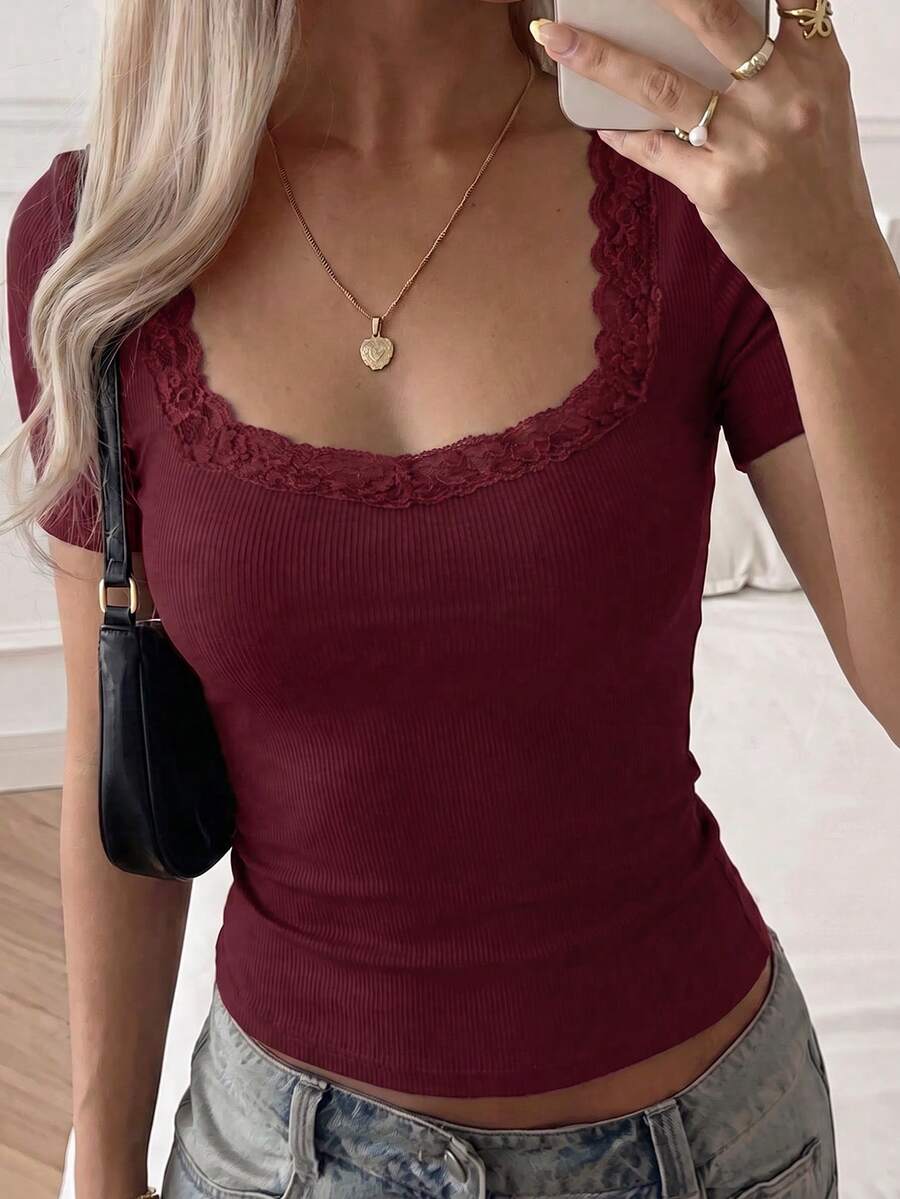 NOIRLYN Women's T-Shirt Summer Y2K Sexy Lace Patchwork Casual Square Neck Short Sleeve Top - Burgundy - View 1