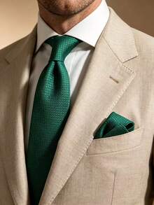 1 Set Fashionable High-End Silver Glitter Polka Dot Tie And Pocket Square 2pcs Set Suitable For Business Casual Banquet Dinner Party Wedding - Green - View 1