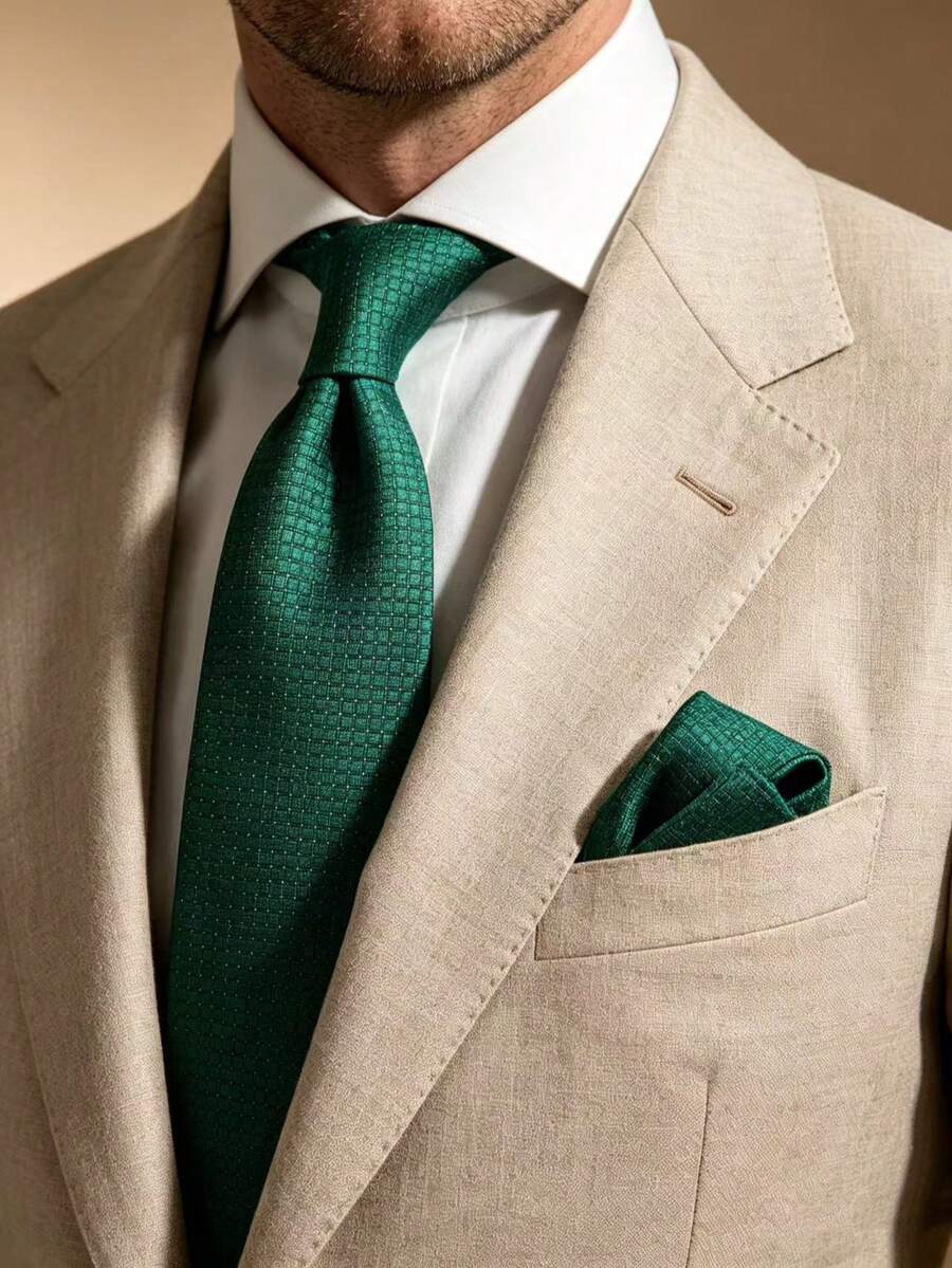 1 Set Fashionable High-End Silver Glitter Polka Dot Tie And Pocket Square 2pcs Set Suitable For Business Casual Banquet Dinner Party Wedding - Green - View 1